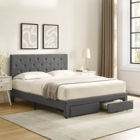 Queen Size Storage Bed Linen Upholstered Platform Bed with a 2 Drawers (Grey)