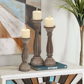 Benzara Handmade Wooden Candle Holder with Pillar Base Support; Distressed Brown; Set of 3
