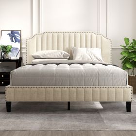 Modern Linen Curved Upholstered Platform Bed ; Solid Wood Frame ; Nailhead Trim; Cream (Queen)