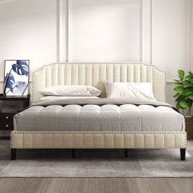 Modern Linen Curved Upholstered Platform Bed ; Solid Wood Frame ; Nailhead Trim; Cream (King)