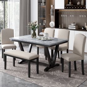 Modern Style 6-piece Dining Table with 4 Chairs & 1 Bench, Table with Marbled Veneers Tabletop and V-shaped Table Legs