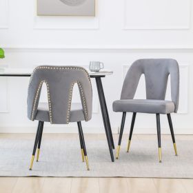Akoya Collection Modern | Contemporary Velvet Upholstered Dining Chair with Nailheads and Gold Tipped Black Metal Legs; Gray; Set of 2