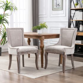 Ultra Side Dining Chair; Thickened fabric chairs with neutrally toned solid wood legs; Bronze nail head; Set of 2; Beige