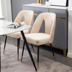 Akoya Collection Modern | Contemporary Velvet Upholstered Dining Chair with Nailheads and Gold Tipped Black Metal Legs; Beige; Set of 2