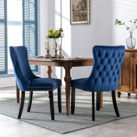 Cream Upholstered Wing-Back Dining Chair with Backstitching Nailhead Trim and Solid Wood Legs; Set of 2; Blue