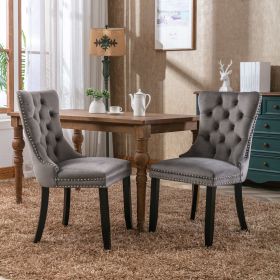 Nikki Collection Modern; High-end Tufted Solid Wood Contemporary Velvet Upholstered Dining Chair with Wood Legs Nailhead Trim 2-Pcs Set; Gray; 1901GY