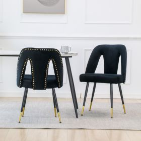 Akoya Collection Modern | Contemporary Velvet Upholstered Dining Chair with Nailheads and Gold Tipped Black Metal Legs; Black; Set of 2
