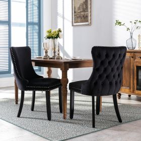 Cream Upholstered Wing-Back Dining Chair with Backstitching Nailhead Trim and Solid Wood Legs; Set of 2; Black