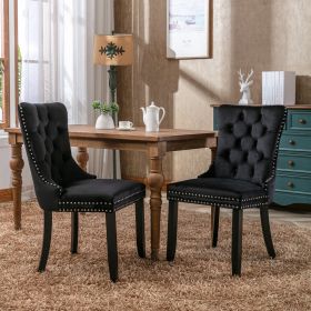 High-end Tufted Solid Wood Contemporary Velvet Upholstered Dining Chair with Wood Legs Nailhead Trim 2-Pcs Set; Black
