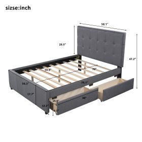 Linen Upholstered Platform Bed With Headboard and Two Drawers; Full