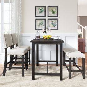 4 Piece Rustic Wooden Counter Height Dining Table Set with Upholstered Bench for Small Places;  Espresso+ Beige