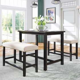 3 Pieces Rustic Wooden Counter Height Dining Table Set with 2 Upholstered Benches for Small Places;  Espresso+ Beige
