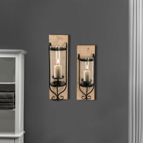 21 Inch Industrial Wall Mount Wood Candle Holder With Glass Hurrican; Set of 2; Black; DunaWest
