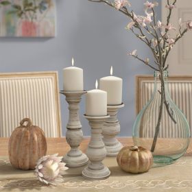 Turned Design Wooden Candle Holder with Distressed Details; Set of 3; White