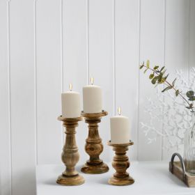 Pillar Shaped Wooden Candle Holder; Set of 3; Brown