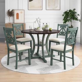 5-Piece Round Dining Table and 4 Fabric Chairs with Special-shaped Table Legs and Storage Shelf (Color: Antique Blue)