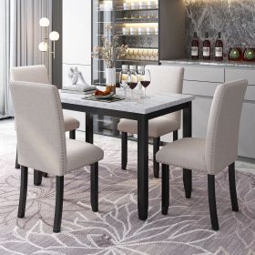Faux Marble 5-Piece Dining Set Table with 4 Thicken Cushion Dining Chairs Home Furniture, White/Beige+Black (Color: White)