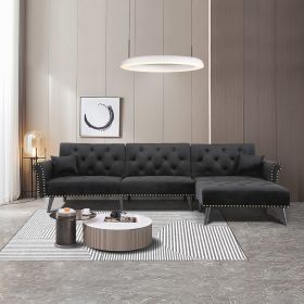 Convertible Sofa Bed Sleeper Velvet (Color: BLACK)