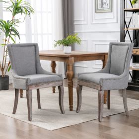 Furniture; Ultra Side Dining Chair;  Thickened fabric chairs with neutrally toned solid wood legs;  Bronze nail head;  Set of 2 (Color: Gray)