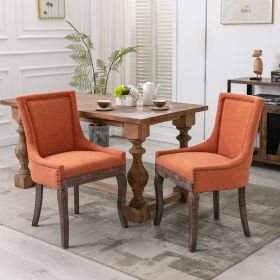 Furniture; Ultra Side Dining Chair;  Thickened fabric chairs with neutrally toned solid wood legs;  Bronze nail head;  Set of 2 (Color: Orange)
