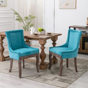 Furniture; Ultra Side Dining Chair;  Thickened fabric chairs with neutrally toned solid wood legs;  Bronze nail head;  Set of 2 (Color: Blue)