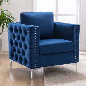 Modern Velvet Armchair Tufted Button Accent Chair Club Chair with Steel Legs for Living Room Bedroom (Color: Navy)
