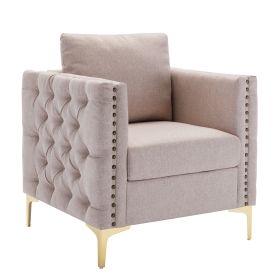 Modern Velvet Armchair Tufted Button Accent Chair Club Chair with Steel Legs for Living Room Bedroom (Color: Tan)