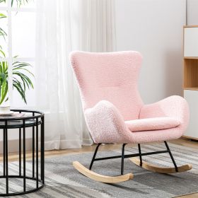 Teddy Fabric Padded Seat Rocking Chair With High Backrest And Armrests (Color: PINK)