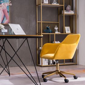 Modern Velvet Adjustable Height 360 Revolving Home Office Chair With Gold Metal Legs And Universal Wheel For Indoor (Color: Yellow)
