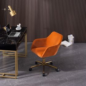 Modern Velvet Adjustable Height 360 Revolving Home Office Chair With Gold Metal Legs And Universal Wheel For Indoor (Color: Orange)
